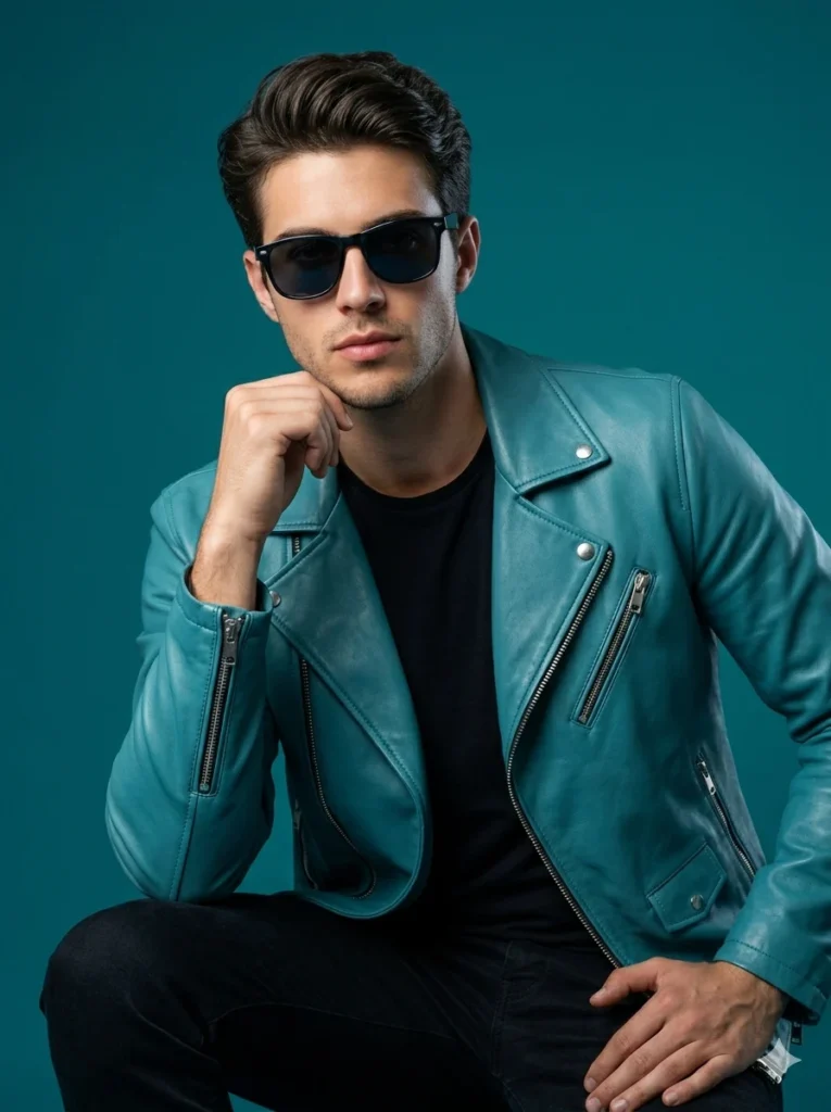 A home-style photo with a leather jacket
