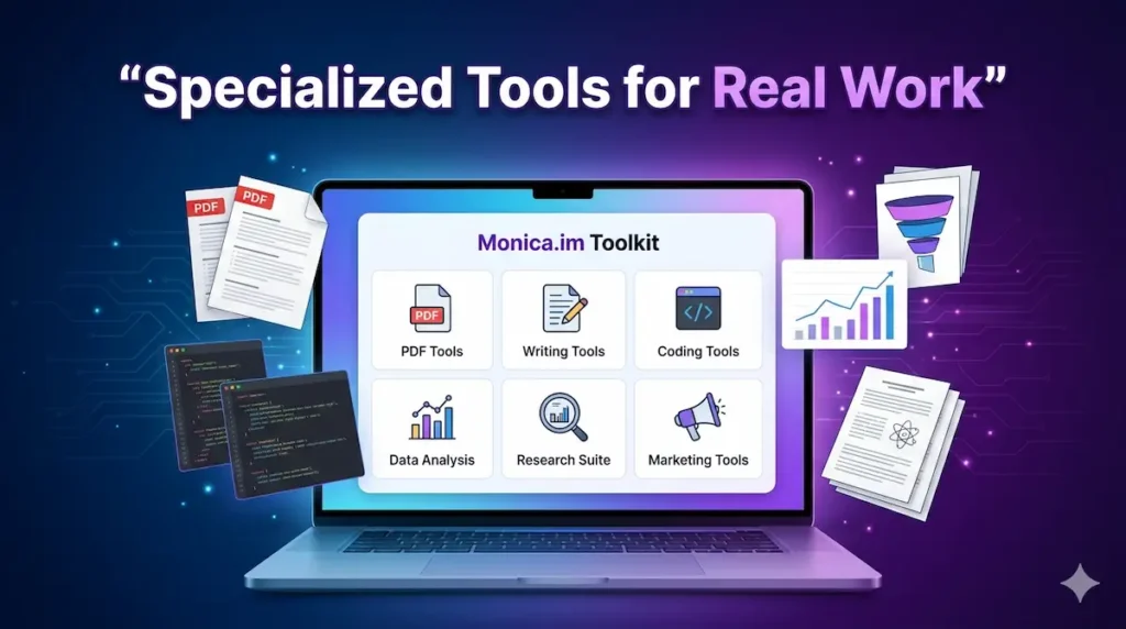Monica.im specialized toolkit for PDF, coding, data analysis, research and marketing - professional AI tools for real work monica.ai review